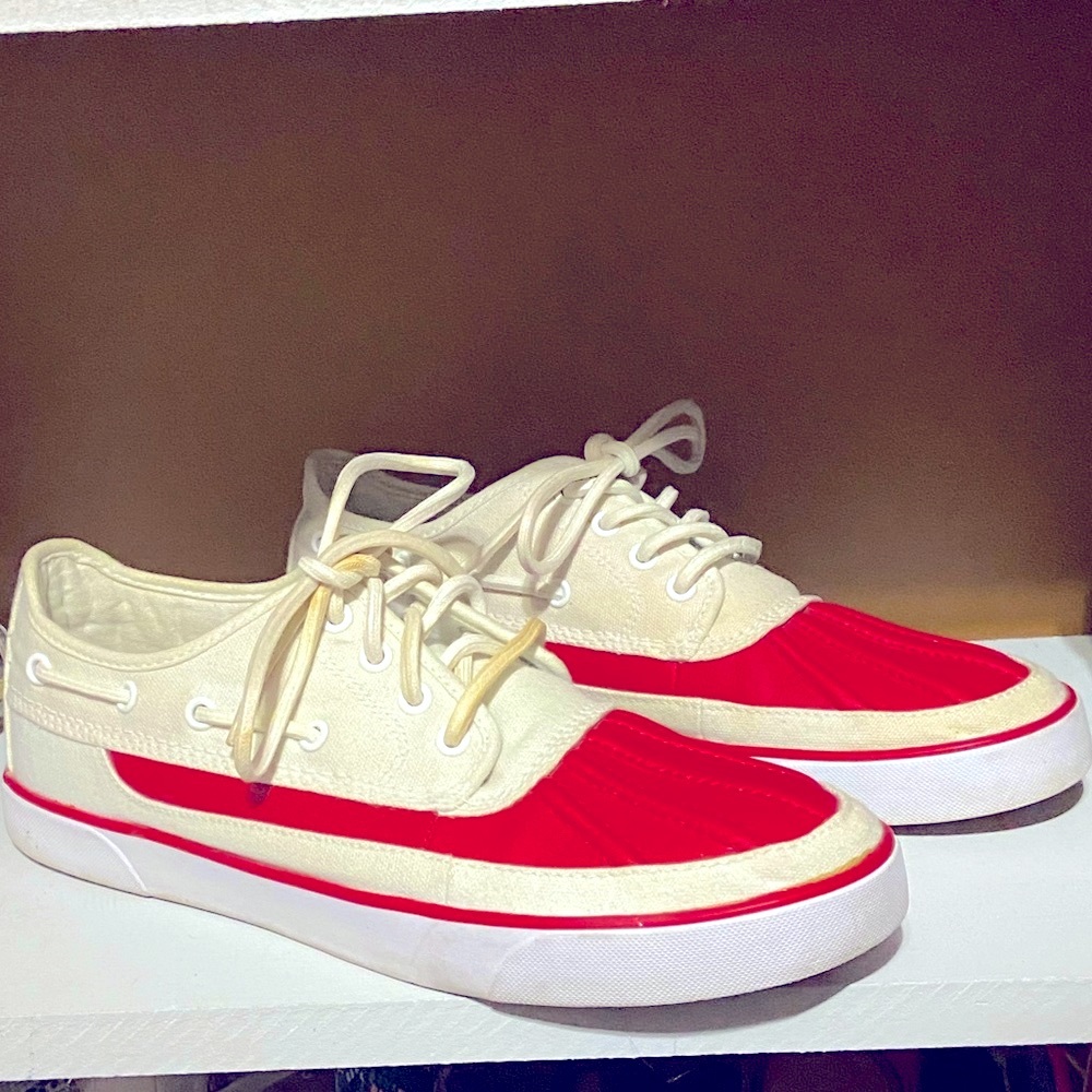 Red and White Polo by Ralph Lauren Duck Boat Shoes Size 10.5